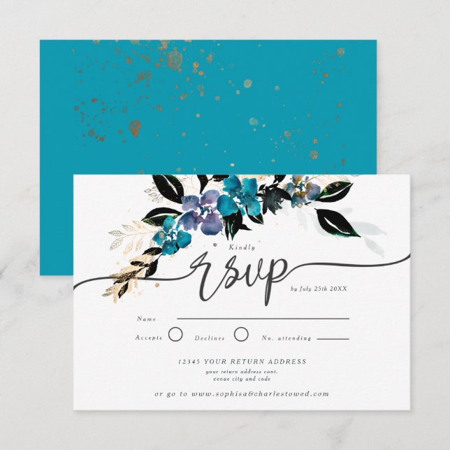 Gold and teal, dramatic floral invitation (Front/Back)