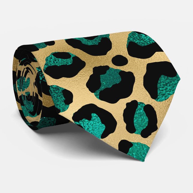 Gold and Teal Glam Leopard Print Tie (Rolled)
