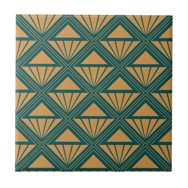 Gold and teal green Art Deco design with rhombuses Tile (Front)