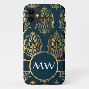 Gold and teal green damask pattern iPhone 11 case
