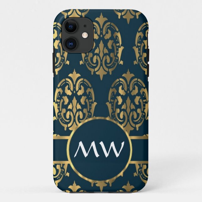 Gold and teal green damask pattern Case-Mate iPhone case (Back)
