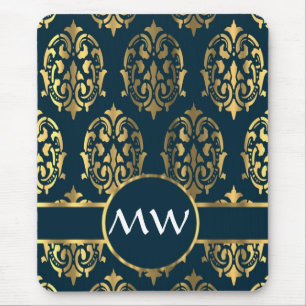 Gold and teal green damask pattern mouse mat