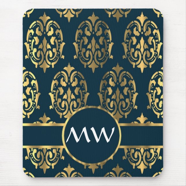 Gold and teal green damask pattern mouse mat (Front)