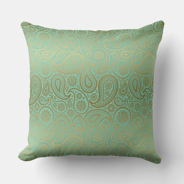 Gold And Teal-Green Vintage Paisley Pattern Cushion (Front)