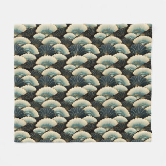 Gold and Teal Japanese-inspire Fan Patterned Fleece Blanket