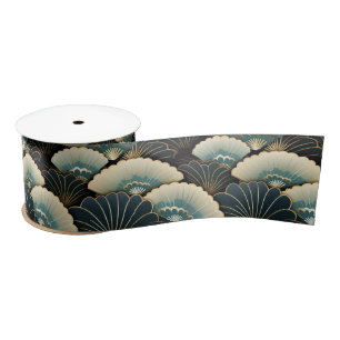 Gold and Teal Japanese-inspire Fan Patterned Satin Ribbon