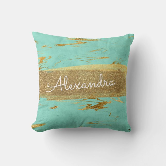 Gold and Teal Marble with Gold Foil and Glitter Cushion (Front)