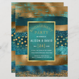 Gold and teal paint strokes engagement party invitation