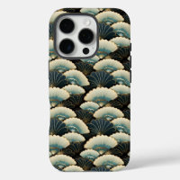 Gold and Teal Patterned Japanese-inspire Fan Motif