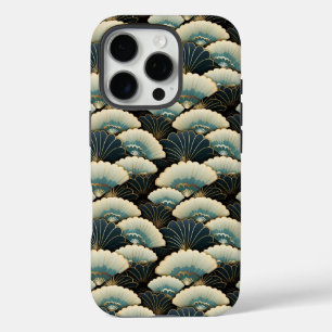 Gold and Teal Patterned Japanese-inspire Fan Motif iPhone 16 Pro Case