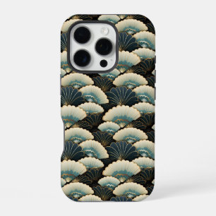 Gold and Teal Patterned Japanese-inspire Fan Motif iPhone 16 Pro Case