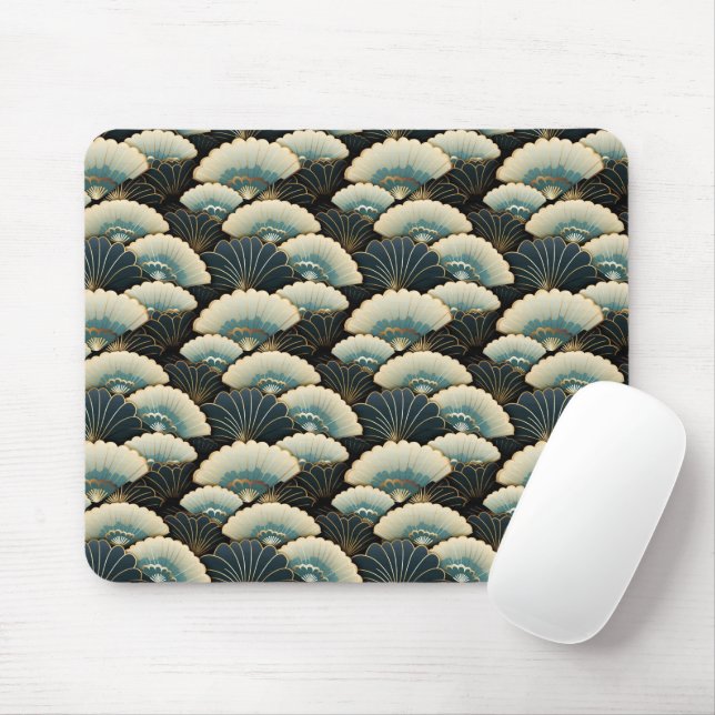 Gold and Teal Patterned Japanese-inspire Fan Motif Mouse Mat (With Mouse)