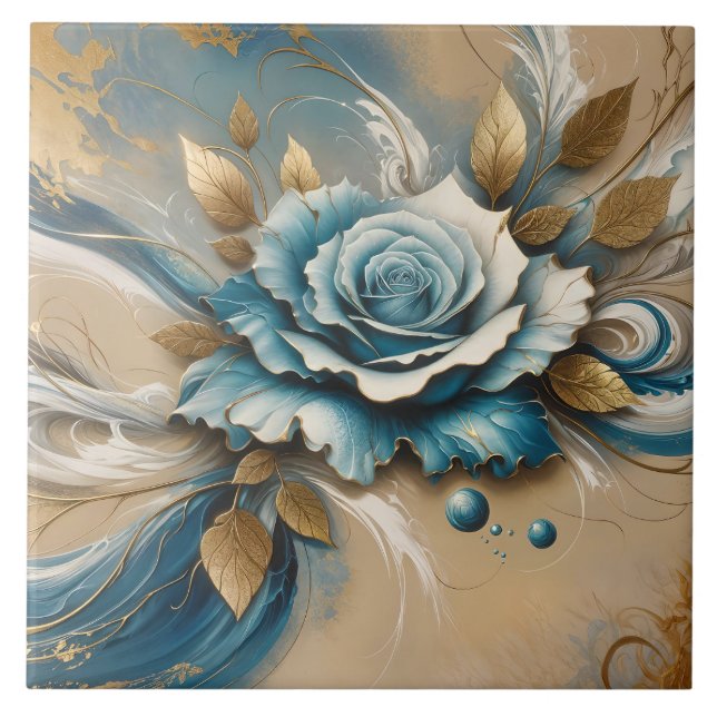 Gold and Teal Rose Tile (Front)