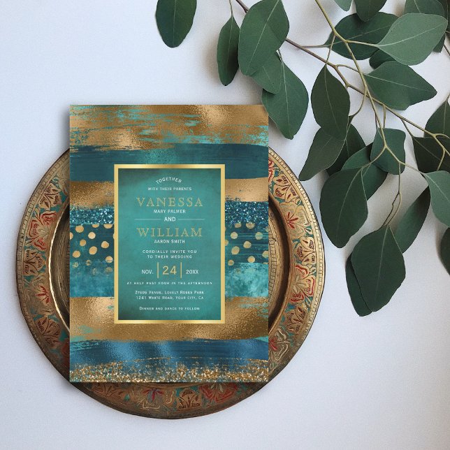 Gold and teal strokes and confetti wedding invitation (Creator Uploaded)