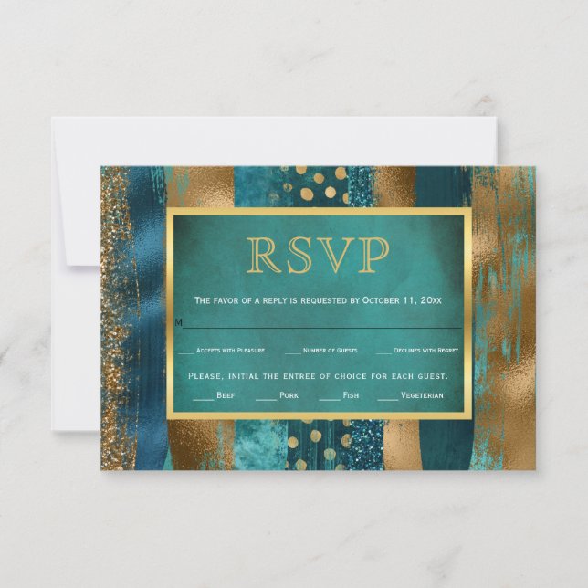 Gold and teal strokes, confetti wedding RSVP card (Front)