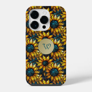 Gold and Teal Sunflower Stained Glass Monogram iPhone 14 Pro Case