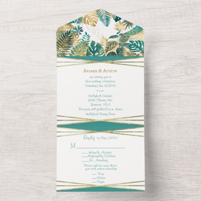 Gold and Teal Tropical Leaf All In One Invitation (Inside)