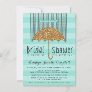Gold and Teal Umbrella & Hearts Bridal Shower Invitation