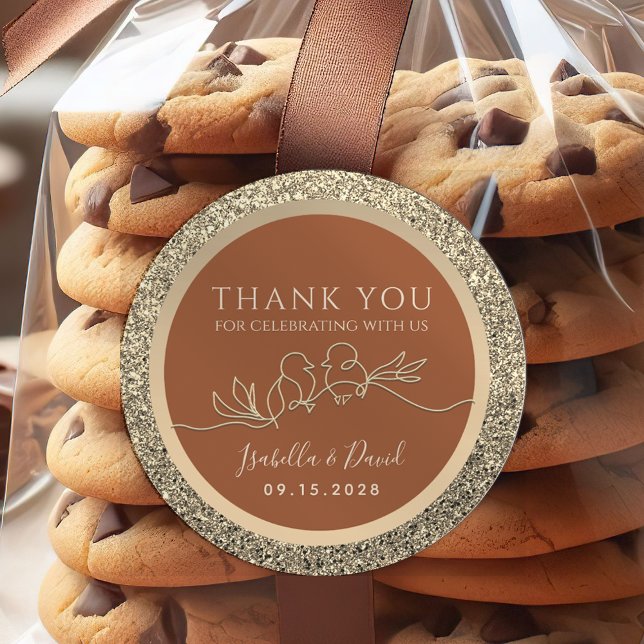 Gold and Terracotta Wedding Favour Classic Round Sticker (Creator Uploaded)