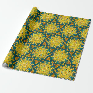 Gold and turquoise blue vintage star pattern wrapping paper
