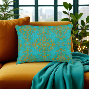 Gold and Turquoise Damask Style Pattern Decorative Cushion