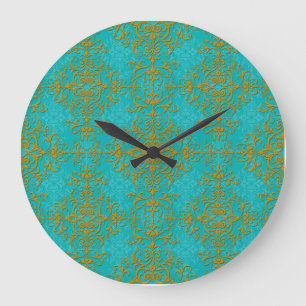 Gold and Turquoise Damask Style Pattern Large Clock