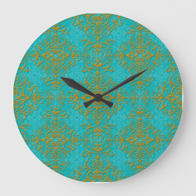 Gold and Turquoise Damask Style Pattern Large Clock (Front)