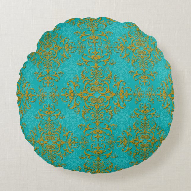 Gold and Turquoise Floral Damask Style Pattern Round Cushion (Front)