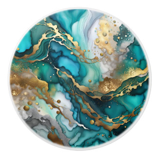 Gold and turquoise marble drawer handle, door knob