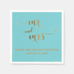 Gold and Turquoise Mr and Mrs Calligraphy w Hearts Napkin