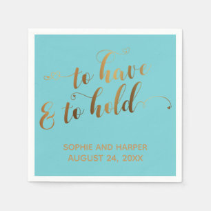 Gold and Turquoise To Have & To Hold Hearts Script Napkin