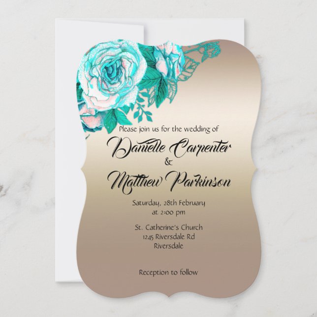 Gold and Turquoise Watercolor Roses Wedding  Invitation (Front)
