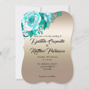 Gold and Turquoise Watercolor Roses Wedding Invitation