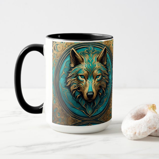 Gold and Turquoise Wolf Head Mug (With Donut)