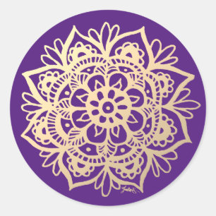Gold and Violet Mandala Flower Classic Round Sticker
