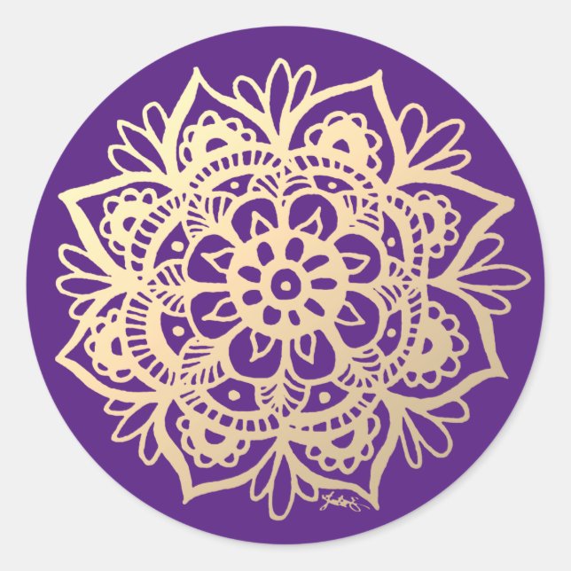 Gold and Violet Mandala Flower Classic Round Sticker (Front)