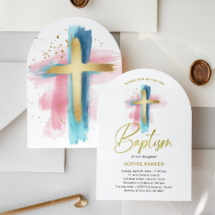 Gold and Watercolor Cross Baptism Invitation
