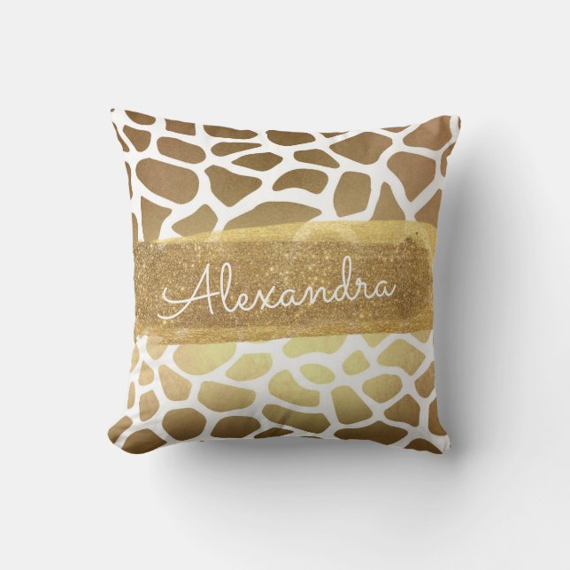Gold and White Animal Print with Gold Glitter Cushion (Front)