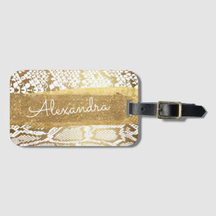 Gold and White Animal Print with Gold Glitter Luggage Tag