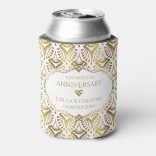 Gold and White Art Deco 50th Wedding Anniversary Can Cooler