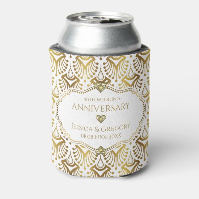Gold and White Art Deco 50th Wedding Anniversary Can Cooler (Can Back)