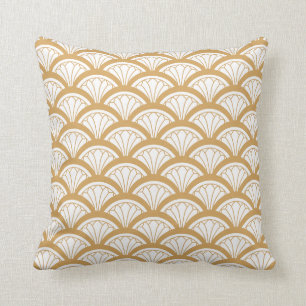 Gold and White Art Deco Fan Flowers Pattern  Cushion