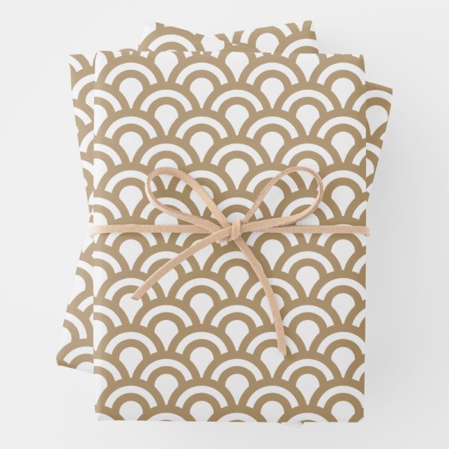 Gold and White Art Deco Fish Scale Pattern Wrapping Paper Sheet (In situ)