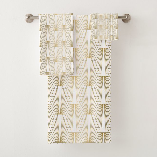 Gold and white Art Deco geometric pattern Bath Towel Set (Insitu)
