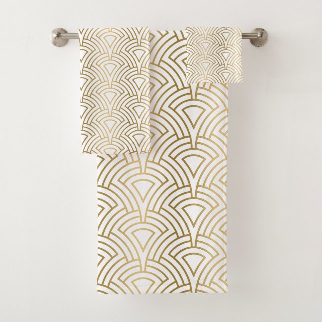Gold and white Art Deco pattern Bath Towel Set (Insitu)