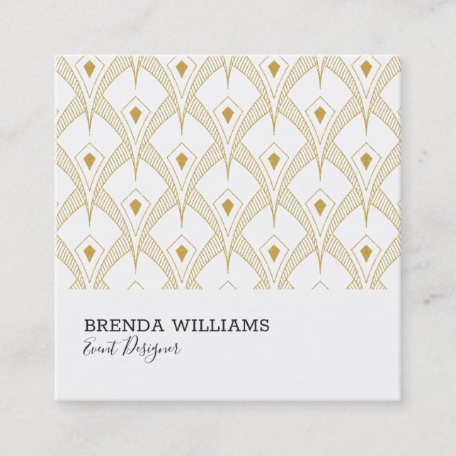Gold and white art-deco pattern square business card (Front)