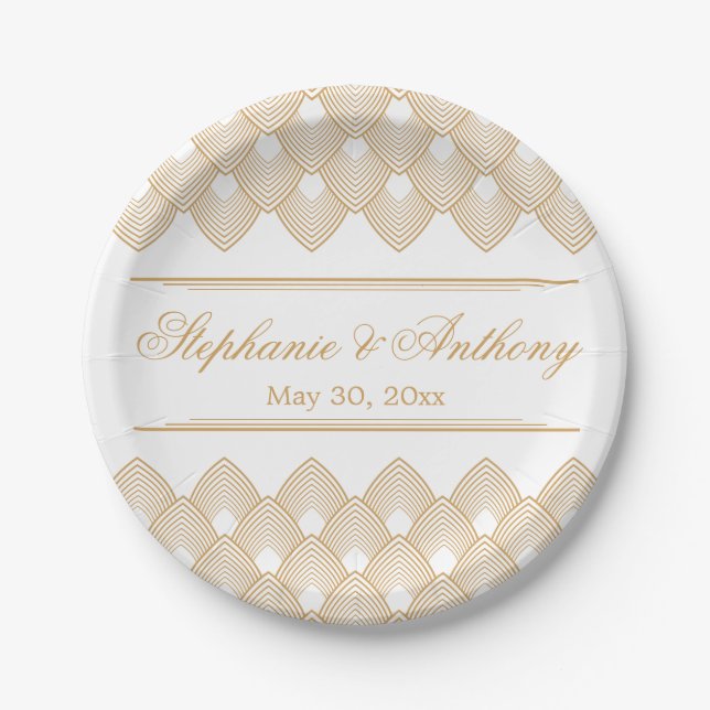 Gold and White Art Deco Pattern Wedding Paper Plate (Front)
