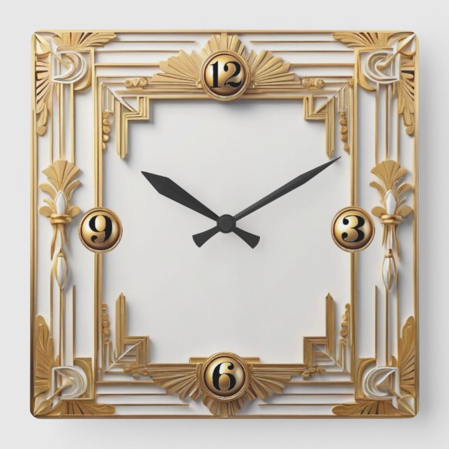Gold and White Art Deco Square Wall Clock (Front)