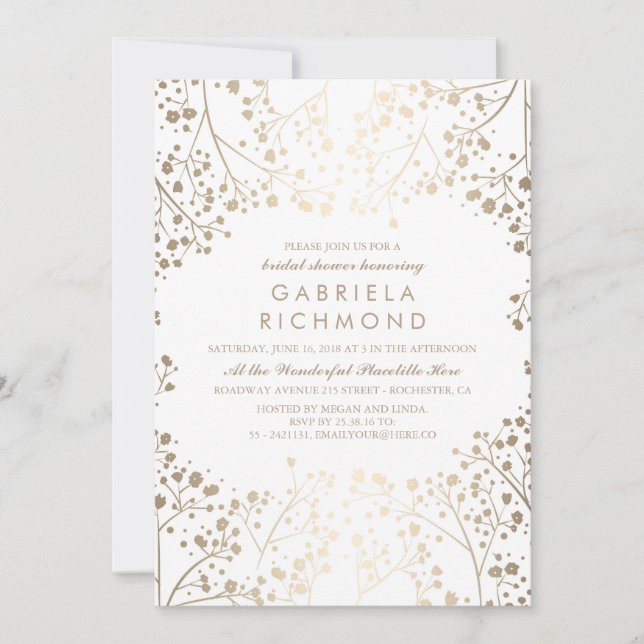 Gold and White Baby's Breath Bridal Shower Invitation (Front)