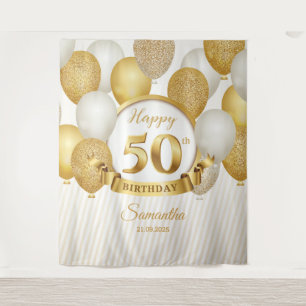 GOld and white balloons 50th birthday backdrop Tapestry